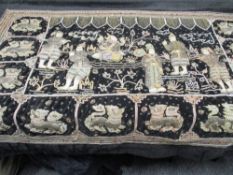 A large vintage Kalaga Chinthe Burmese wall hanging, depicting Foo dragons and figures in
