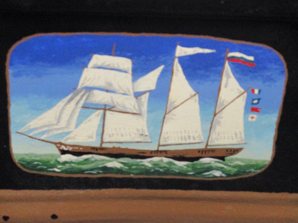 A vintage metal chest, having painted scenes, of nautical interest. - Image 3 of 6