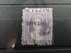 NATAL, 1876 6d VIOLET WITH INVERTED OPT. USED Printed by Davis and sons, inverted opt variety on
