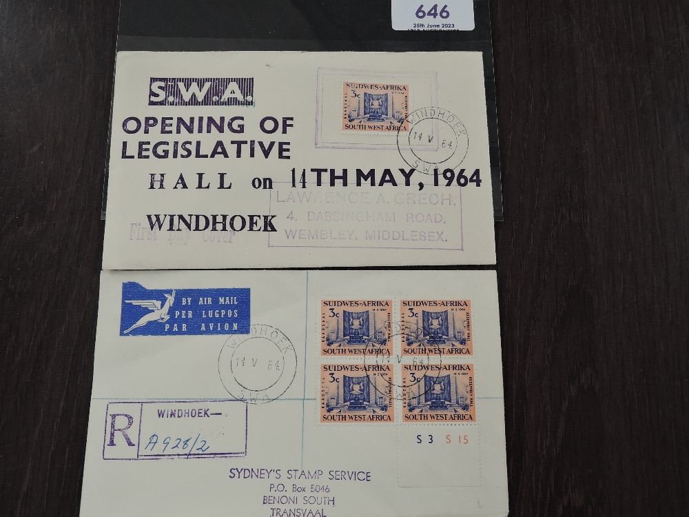 SOUTH WEST AFRICA 1964 DUO OF OPENING OF LEGISLATIVE HALL FIRST DAY COVERS Pair of first day