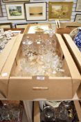 A small selection of cut glass items including lidded bon bon jar, decanter and glasses etc.