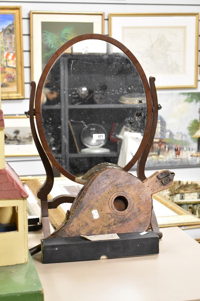 A mahogany table mirror AF, a set of hand held bellows and a vintage piano music roll.