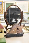 A mahogany table mirror AF, a set of hand held bellows and a vintage piano music roll.