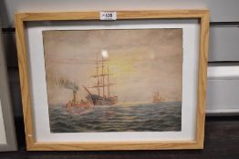 H Parson (British 20th century) watercolour sketch, shipping scene with tug towing a masted ship,