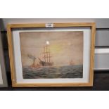 H Parson (British 20th century) watercolour sketch, shipping scene with tug towing a masted ship,