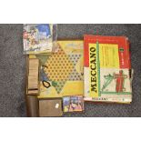 A vintage Shanghai Chinese Checkers Board with glass markers, Meccano Outfit No3 part set, wooden