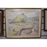 RCD Lowry (British, 1924-2011), watercolour, A busy beach scene with castle to the background,