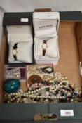 A box of costume jewellery, to include synthetic pearl and other decorative necklaces and two ladies
