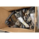 A miscellaneous box of vintage car parts, including pair of chrome over riders (possibly Mini or
