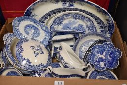A large selection of blue and white ware including wash bowl and jug, Spode Italian fluted tray