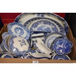 A large selection of blue and white ware including wash bowl and jug, Spode Italian fluted tray