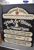 A mid 20th century hand painted shop sign advertising Pink & Blue and Almost New Unusual Gifts.