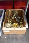 A selection of mixed brass wares, to include 19th century fat skimmer, candlesticks, ladle,