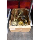 A selection of mixed brass wares, to include 19th century fat skimmer, candlesticks, ladle,