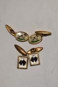 Two pairs of gold coloured cufflinks decorated with fox terriers and scottie dogs