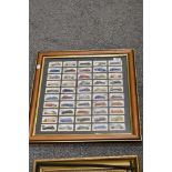 A framed collection of cigarette cards of automobilia interest