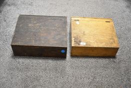 Two vintage pine writing slopes, the largest measuring 12cm x 30cm x 35cm