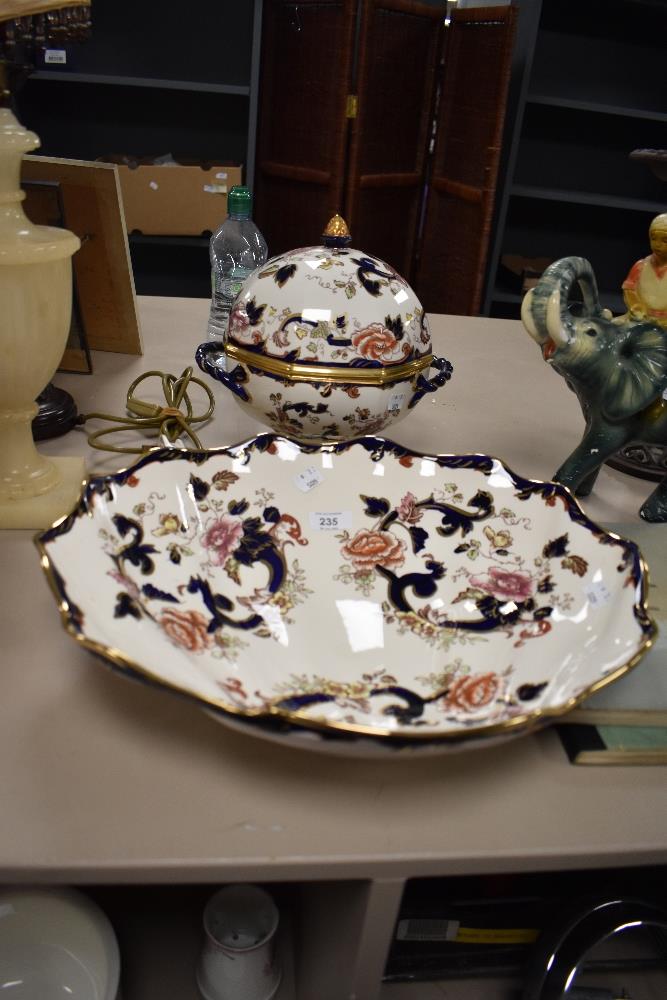An oyster shell shaped Mason's Blue Mandalay patterned fruit bowl and a lidded tureen of matching