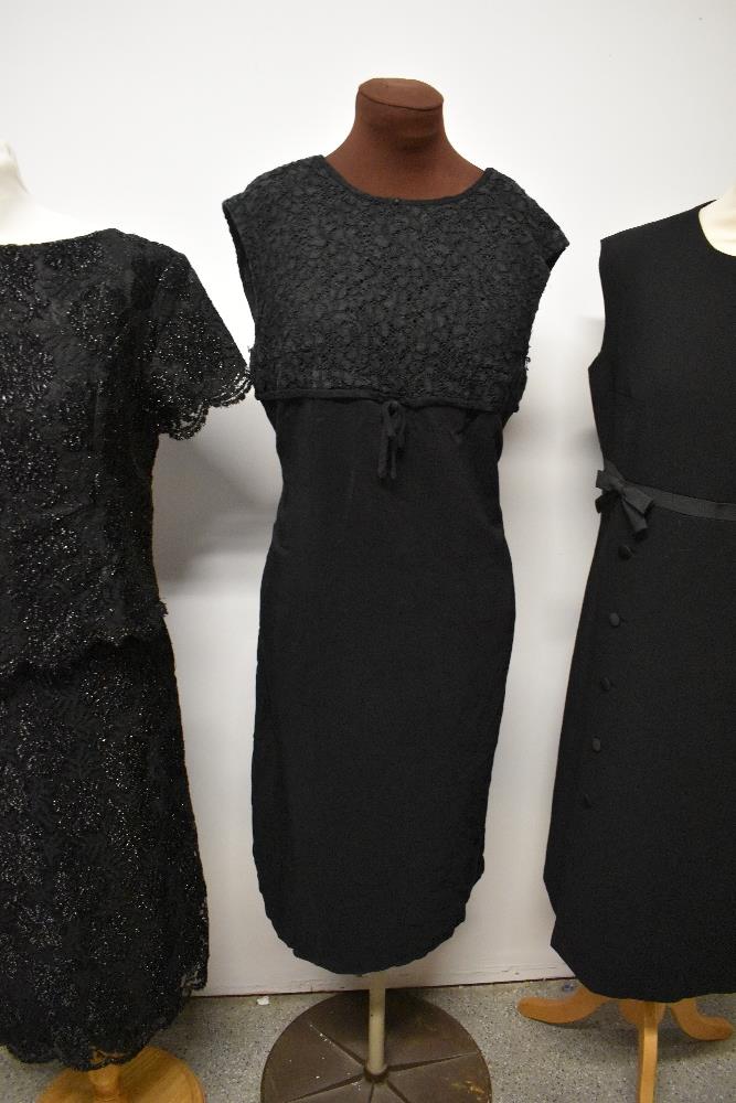 Three 1960s black dresses, including metallic thread faux two-piece dress. - Image 2 of 6