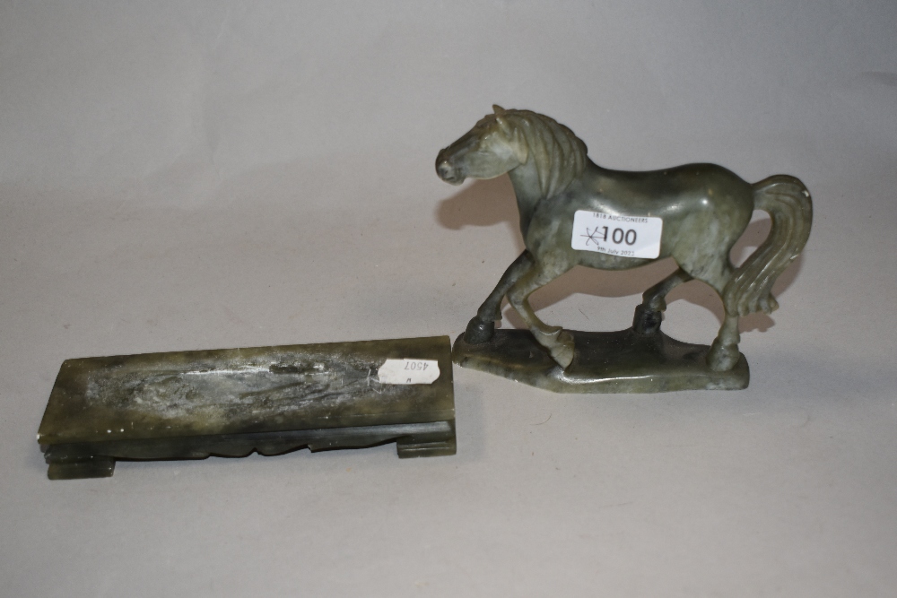 A 20th century carved natural green stone horse on plinth, AF, (loose from plinth). - Image 2 of 2