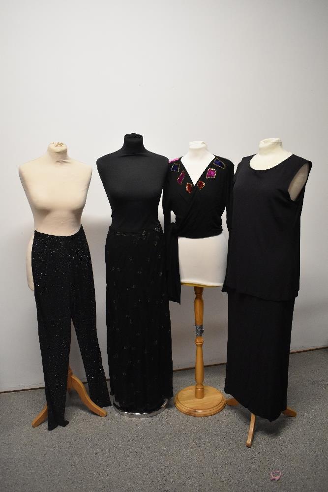 A selection of Jean Muir clothing, to include 1970s glittery trousers, a maxi skirt with gold star