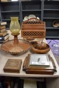 A collection of treen, comprising; micro mosaic box, turned bowl and apple, letter rack and candle