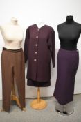 A trio of Jean Muir items, to include; coat in aubergine wool, a similar skirt and a pair of brown