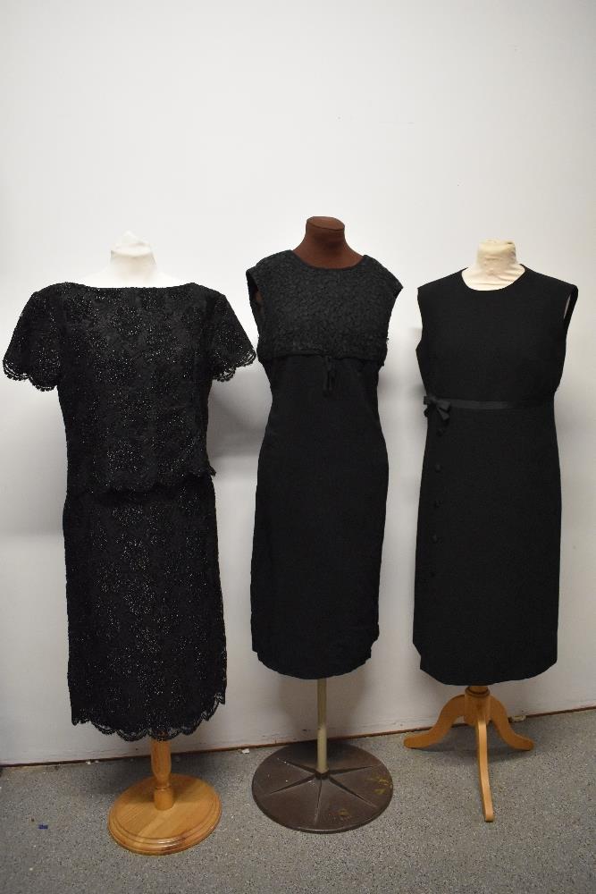 Three 1960s black dresses, including metallic thread faux two-piece dress.
