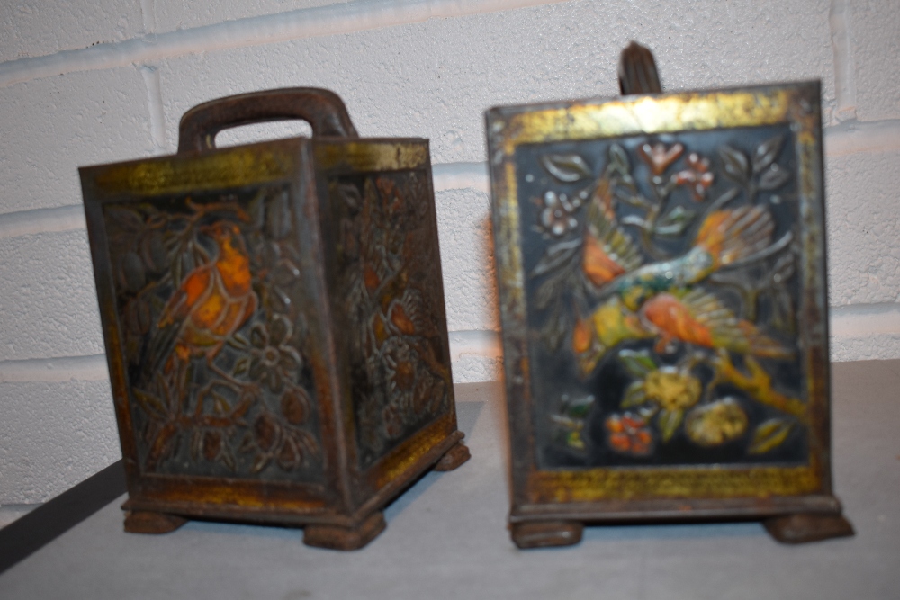 A pair of late19th/early 20th century embossed tin tea canisters, decorated with exotic birds and - Image 5 of 7