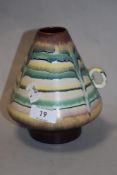 A mid century volcano shaped West German vase, having purple, yellow and green toned drip glaze,