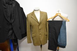 A selection of gents vintage clothing, including Saxon Hawk blazer, trousers and two dinner