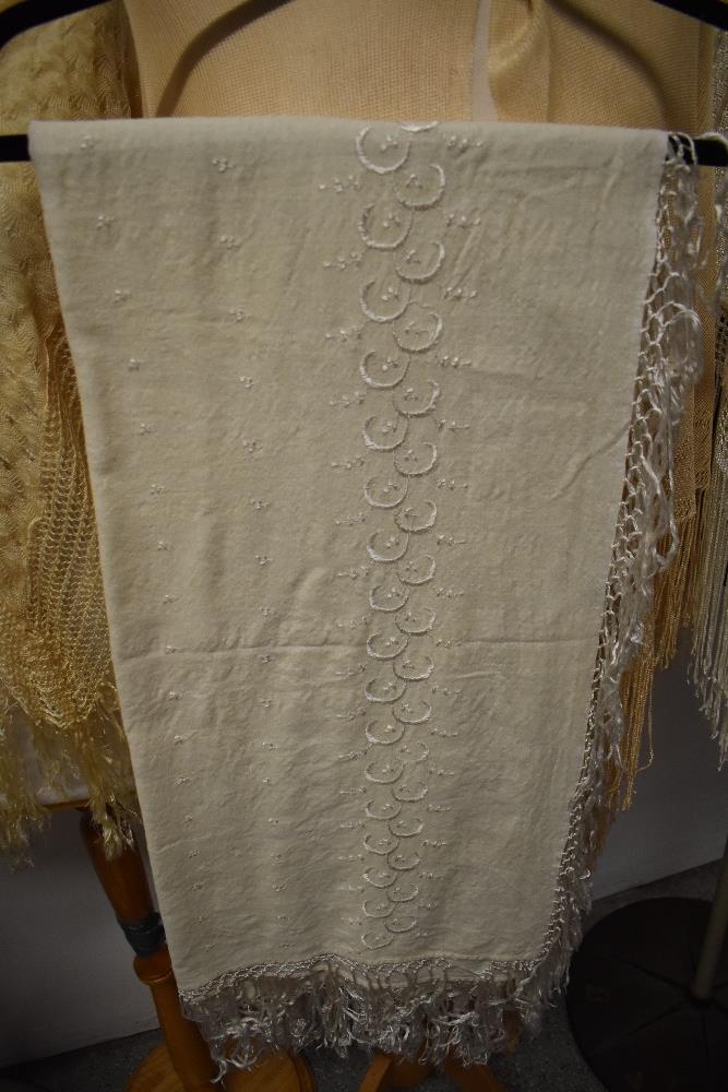 A collection of shawls, including two 1920s/30s rayon fringed shawls, crotcheted shawl and 1930s - Image 2 of 8