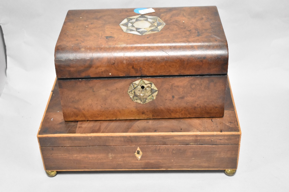 Five early 20th century wooden boxes, including inlaid and carved examples. - Image 3 of 4