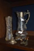 An etched claret jug having silver plated lid and handle (damage to hinge) a plated spoon and fish