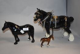 Three horse and pony studies including Beswick Dale, Beswick Pony and Shire in harness