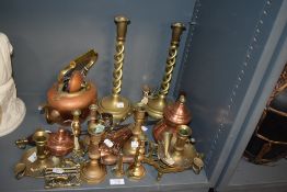 A mixed lot of brass and copper, including candlesticks, Victorian shot flask, toasting fork etc.