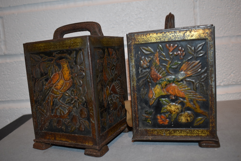 A pair of late19th/early 20th century embossed tin tea canisters, decorated with exotic birds and - Image 3 of 7
