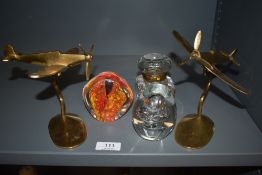 Two mid century brass Spitfires a Victorian ink well as found and two paper weights.