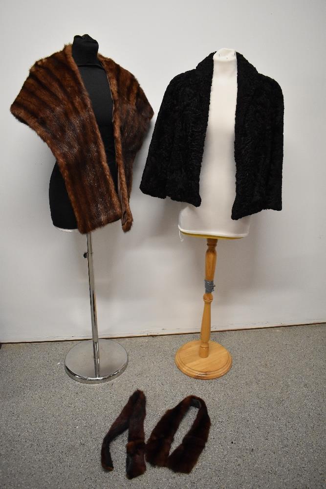 A vintage mink stole and two tippets or collars, sold with a 1950s Astrakhan jacket, AF, split