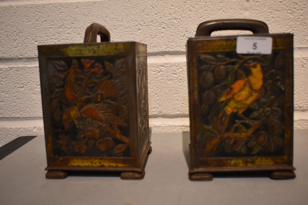 A pair of late19th/early 20th century embossed tin tea canisters, decorated with exotic birds and - Image 2 of 7