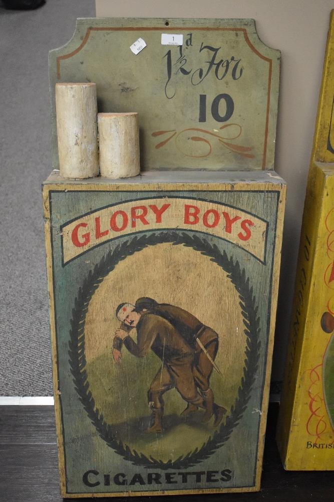 A large and decorative reproduction cigarette advertising sign, for Glory Boys Cigarettes, formed as