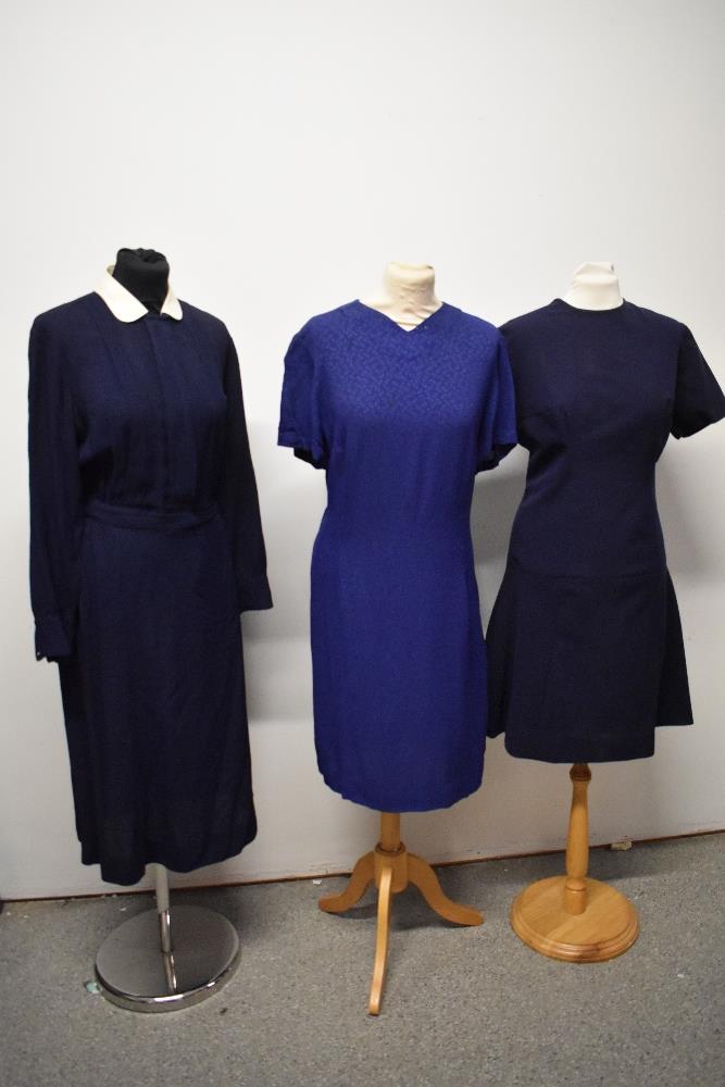 Three vintage dresses, including royal blue textured crepe dress, around 1950s and navy blue