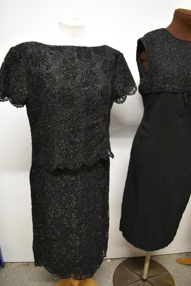 Three 1960s black dresses, including metallic thread faux two-piece dress. - Image 5 of 6