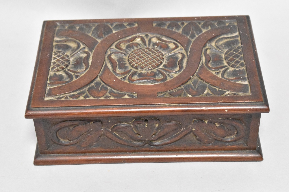 Five early 20th century wooden boxes, including inlaid and carved examples. - Image 2 of 4