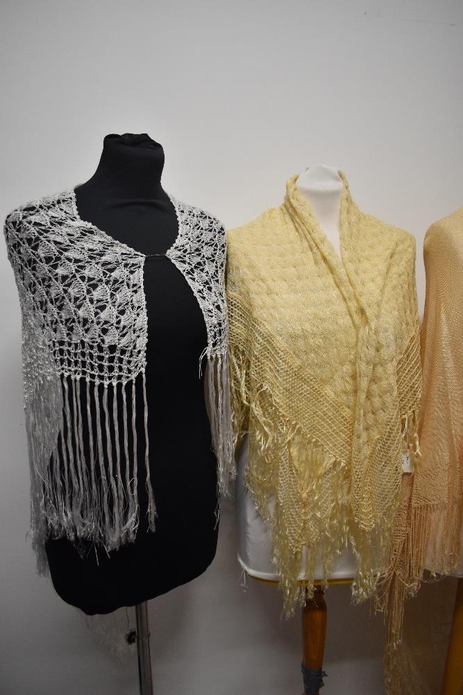 A collection of shawls, including two 1920s/30s rayon fringed shawls, crotcheted shawl and 1930s - Image 4 of 8