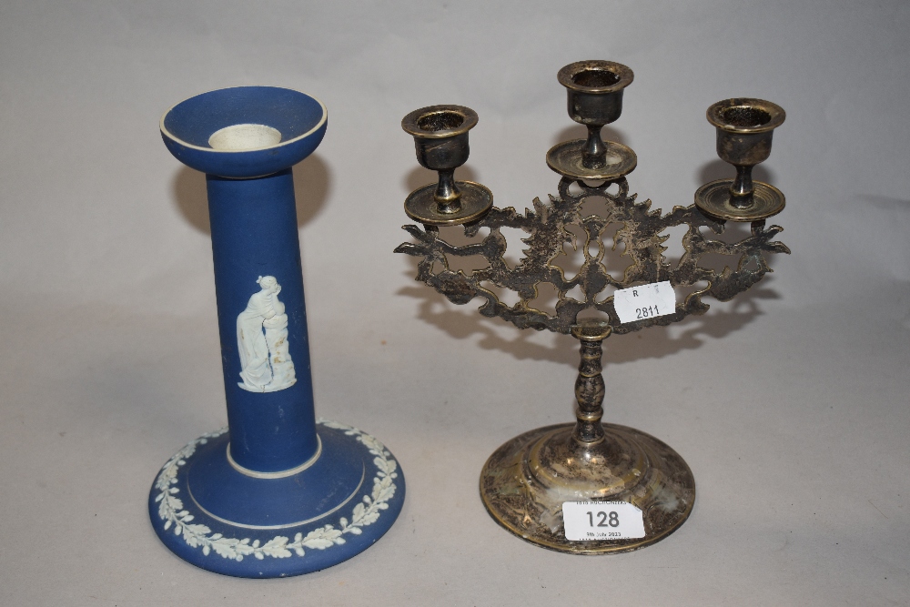 A Chinese white metal three branch candelabra, the pierced body decorated with dragons, & a Wedgwood