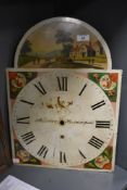 A Victorian painted clock face, void of hands, having painted country scene, Anderton,