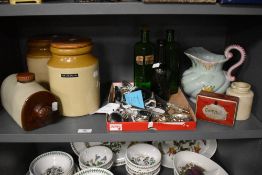 A miscellany of vintage items, to include; earthen ware storage jars and hot water bottle, flat