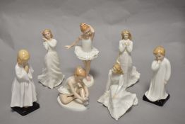 Seven Royal Doulton Figure studies including Across the Miles HN3934, Swet Dreams Hn3394, Little