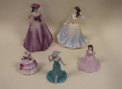 A group of five Coalport Porcelain figurines, comprising a bisque 'Evening Promenade' figurine of